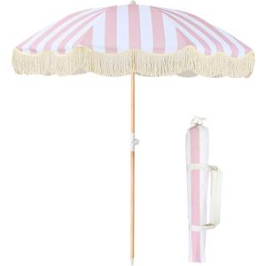Lefedrasticity Boho Outdoor Umbrella with Tassels,6ft Table Umbrella Outdoor Patio with Knobs Tilt,Wind Resistant Portable Beach Umbrella UPF50+ Fringe Umbrellas For Pool Backyard Deck Garden (Pink Stripe)