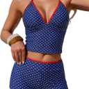 ZAFUL Womens Tankini Swimsuits V Neck Halter Top with Boyshorts Bottom Tummy Control Two Piece Bathing Suit (Navy Blue, Large)