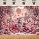 Pink Floral Bear Balloon Photography Backdrop Pink Bear Baby Shower Backdrop for Girls 1 Year Old Birthday Party Decorations Balloons Floral Girl Portrait Background(C, 7x5feet)