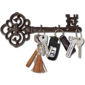 Key Holder for Wall - Cast Iron Skeleton Key - Decorative Farmhouse Rustic Wall Mount Key Organizer - 3 Key Hooks - Vintage Key Rack for Entryway with Screws & Anchors  10.8 x 4.7 - Rust Brown