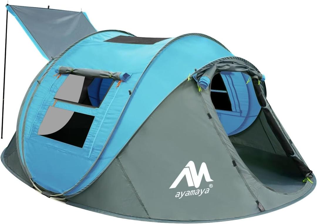 4 Person Pop Up Tents for Camping - AYAMAYA Waterproof Instant Family Tents with Skylight & Removable Rainfly, Upgraded Large Size with 2 Doors -Automatic Easy Setup Beach Tent with Poles (Blue)