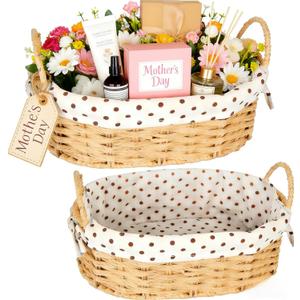 2 Pack Empty Gift Basket with Handles, Wicker Rope Baskets for Organizing, Basket for Storage Shelf Table Picnic & Home Decor (Oval)