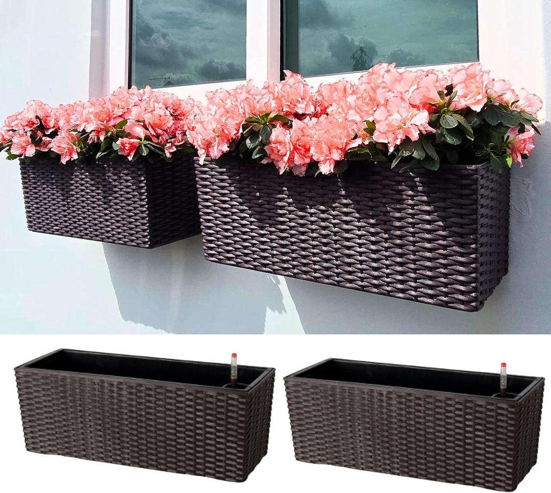 LaLaGreen Wall Planters Outdoor (20 Inch, 2 Pack) Brown Rectangular Window Flower Boxes with Brackets Self Watering System, Vertical Wall Mounted Plant Pot Container Herb Garden Balcony Indoor Decor