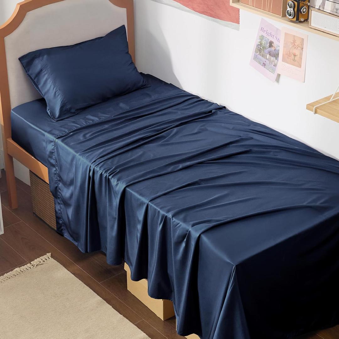 Bedsure Cooling Sheets Twin XL, Rayon Derived from Bamboo, PureWoven, Breathable & Soft Twin XL Sheet Sets, Deep Pocket Up to 16 Inches, Hotel Luxury Silky Dorm Bedding for Hot Sleepers, Navy