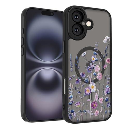 SobLn for iPhone 16 Plus Case, Black Floral Flower Pattern Case [Compatible with MagSafe] [Translucent Matte] Cute Slim Shockproof Protective Women Girls Phone Case 6.7", Colorful Flowers