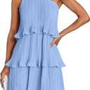 ZESICA Women's 2025 Summer Sleeveless Mini Dress Boho One Shoulder Ruffle Tiered Layered Flowy A Line Dresses (Lightblue), S