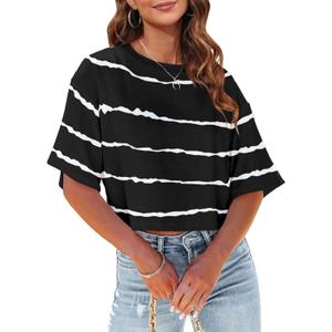 Tankaneo Women Half Sleeve Cropped T-Shirts Drop Shoulder Round Neck Crop Tops Casual Summer Solid Color Basic Tees (Black), L