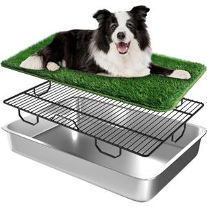 Strong Stainless Dog Litter Box Dog Grass Pad with Tray Large 28"x20"x4",Outdoor and Indoor Potty Waterproof Washable Reusable for Large Grass Pad Training Balcony Porch (Metallic)
