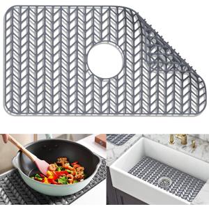 Sink Protectors for Kitchen Sink 16x12 & 18x12 & 19x13 & 24x12.5 & 26x14 & 28x14 & 29x15,Silicone Kitchen Sink mats Protector for Bottom of Farmhouse Sink(26"x14"Center Drain Gray)