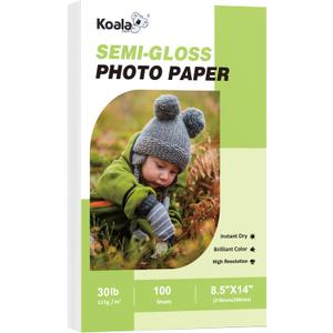 Koala Thin Semi-Glossy Photo Paper 8.5x14 Inches Legal Size 100 Sheets Compatible with Inkjet and Laser Printer for Brochure Flyer Printing 6Mil Use DYE INK 30LB