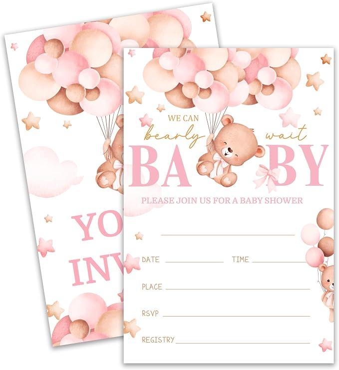 Cute Bear with Balloons Baby Shower Invitations, “We Can Bearly Wait” girl Baby Shower Invitation Set, Teddy Theme 4x6 Inch Gender Reveal Party Supplies(072)