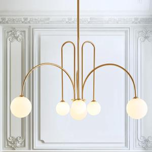 Gold Sputnik Chandelier,6 Lights Large Modern Chandelier L40Mid Century Long Ceiling Pendant Light Fixtures for Dining Room with Milk Glass Globe Shades for High Ceiling Foyer Living Room