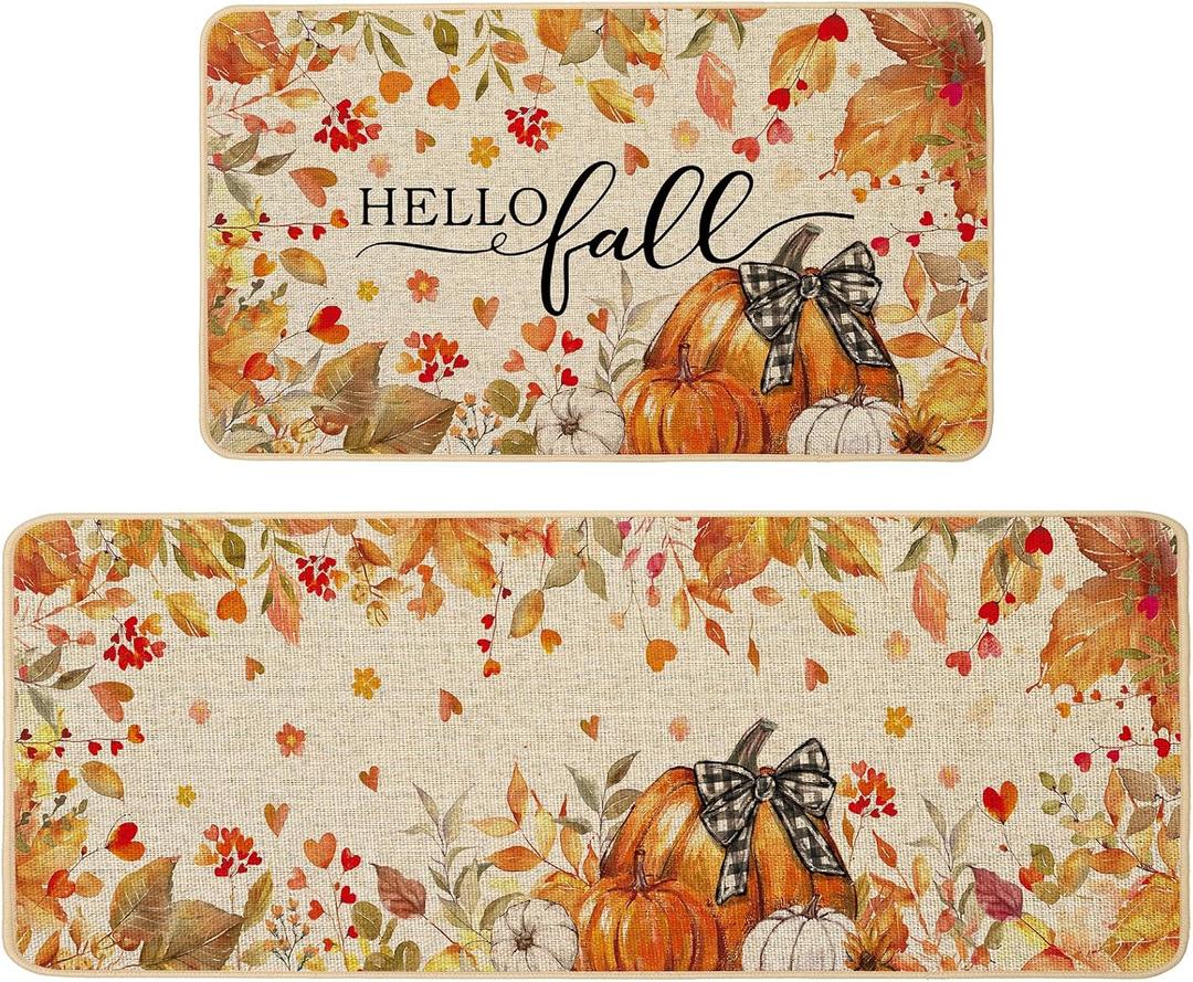 Baccessor Pumpkin Fall Kitchen Mats Set of 2, Pumpkin Floral Leaves Kitchen Rugs for Floor Low-Profile Farmhouse Fall Thanksgiving Home Decor 17x29 and 17x47 Inch
