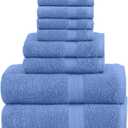 Pack of 8 Towels Set, 2 Large Bath Towels, 2 Hand Towels, 4 Wash Cloths, 100% Cotton, Lighter Weight, Quicker to Dry, Super Absorbent, Perfect for Bathroom (Blue)