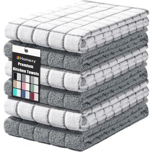 Homaxy Premium Cotton Kitchen Towels 16"x 28", Large Natural Ring Spun 390 GSM Dish Towels, Super Absorbent Terry Kitchen Hand Towels, Soft Tea Towels with Hanging Loop, Grey Check Design, 6 Pack
