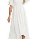 Zattcas Womens 2023 Smocked Maxi Dress Short Sleeve Vneck Casual Summer High Low Flowy Long Dress, White, Medium