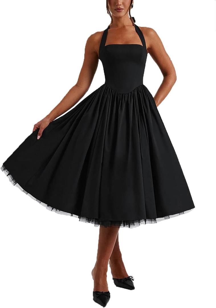 Women Summer Halter Dress Low Cut Sleeveless A Line Tulle Swing Flowy Tea Length Dress Corset Prom Formal Ball Gowns (Black, Small)