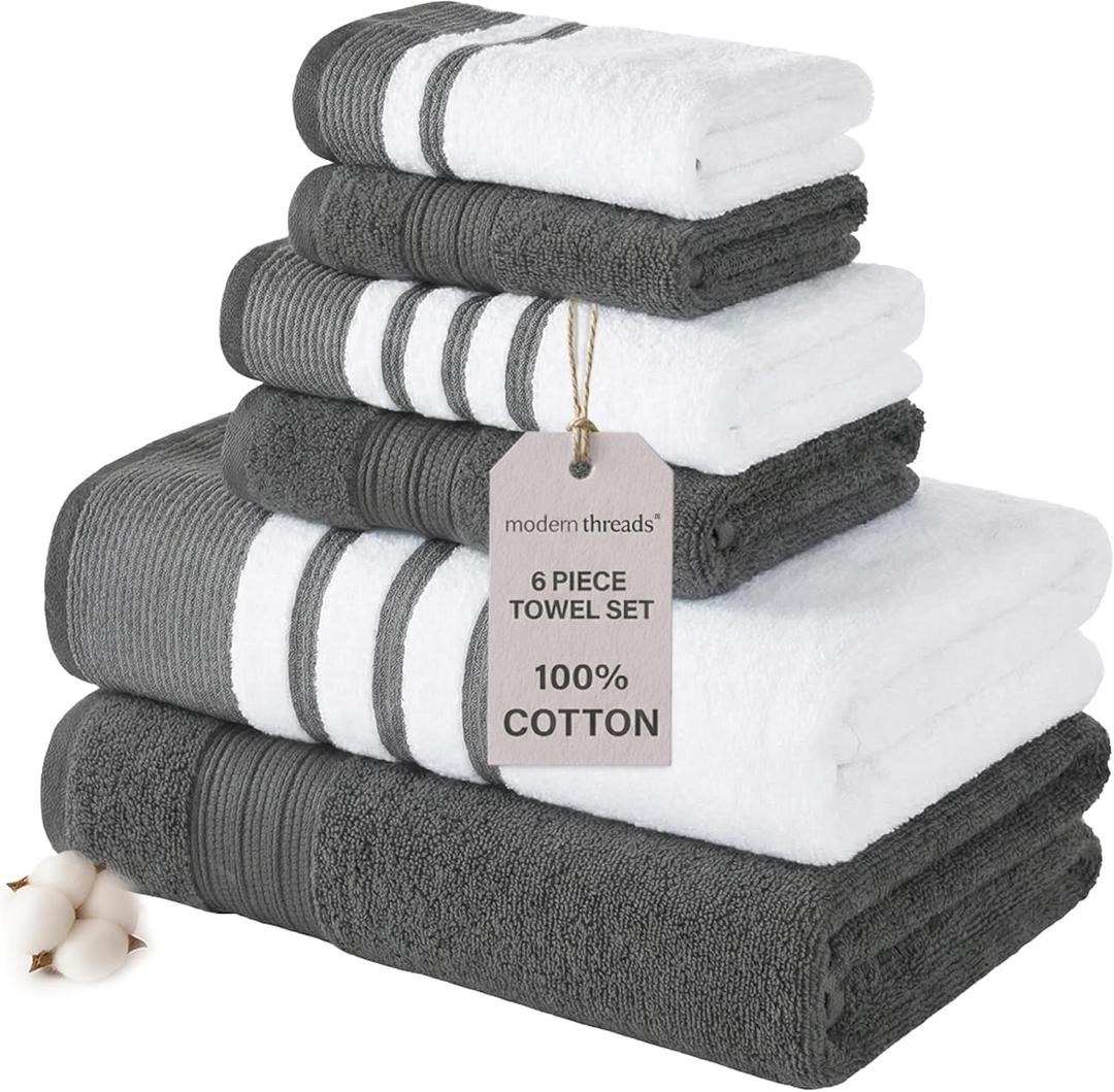 Modern Threads 6-Piece Towel Set  100% Cotton, Quick Dry, Ultra Absorbent  Includes 2 Bath, 2 Hand, 2 Washcloths (White/Reinhart Charcoal) (Grey)