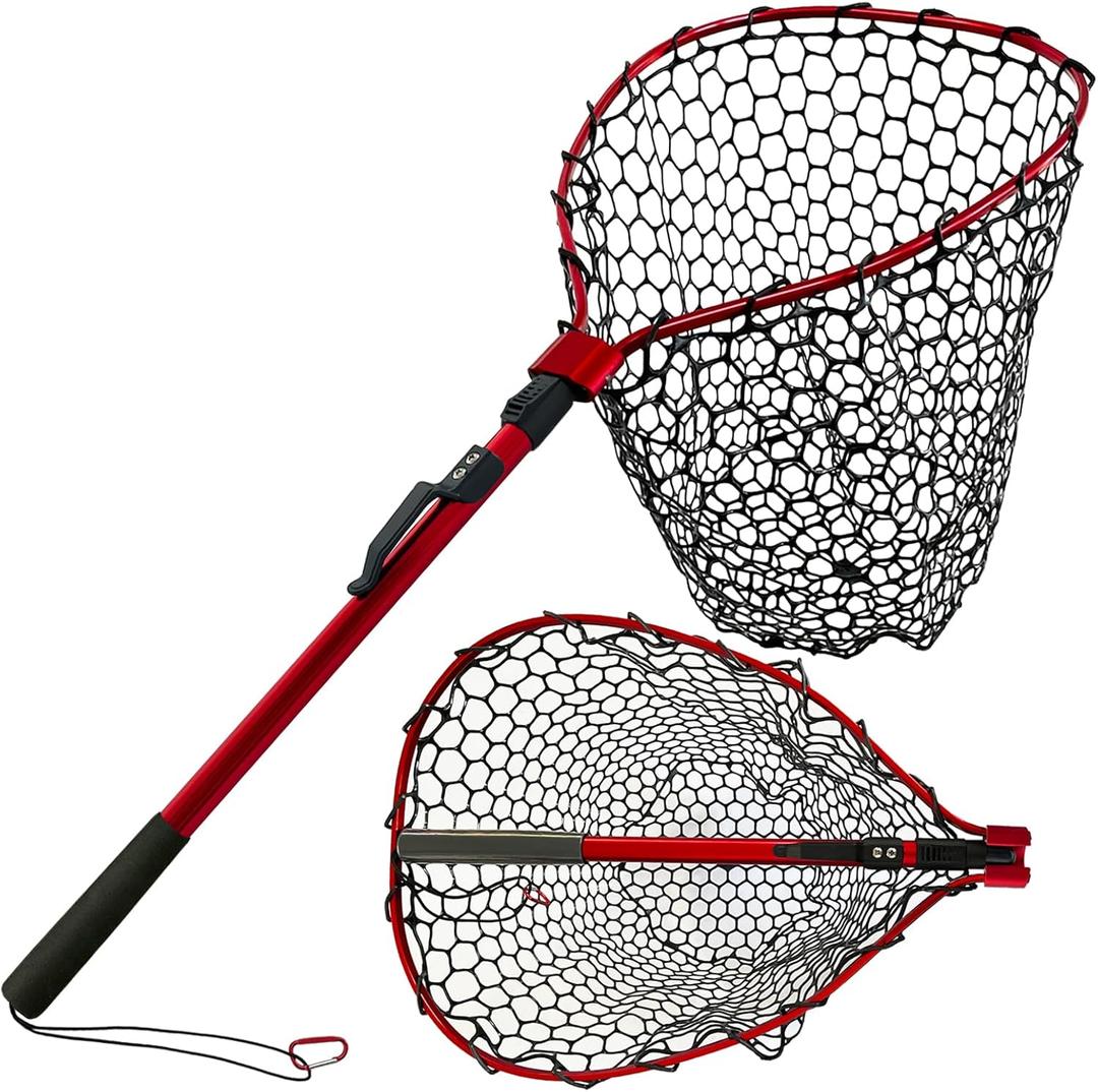 Telescoping Fishing Nets Lightweight Rubber Fish Net Durable with Non-Slip Grip - Freshwater and Saltwater (Blue/Red) Fishpond Large Fish Net   (Foldable 19.68, Red, 38in)