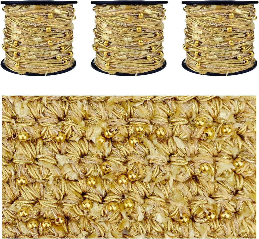 Artisanal Yarn Collection Multifiber Multicolored Fancy Yarn with Golden Beads for Knitting Crocheting Crafts DIY, Set of 3 Rolls (Golden Beads)