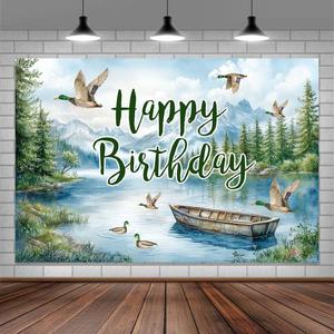 Duck Hunting Happy Birthday Backdrop Party Decorations Photography Background Mallard Duck Theme Mountain Lake Sage Green Forest Kids Baby Photo Studio Photography Props (7X5)