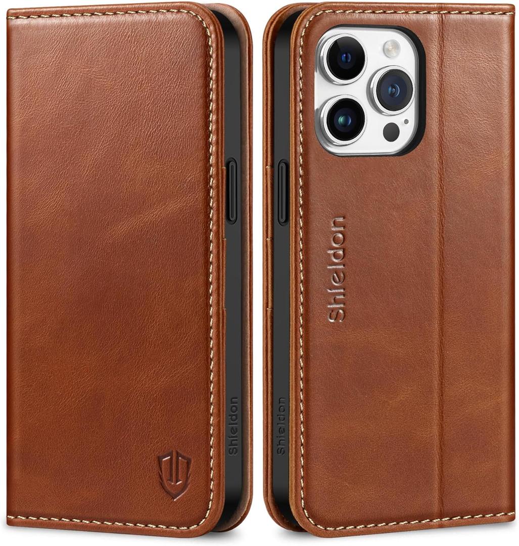 SHIELDON Case for iPhone 15 Pro Max 6.7", Genuine Leather Wallet Flip Magnetic Cover RFID Blocking Credit Card Holder Kickstand TPU Shockproof Case Compatible with iPhone 15 Pro Max 5G - Retro Brown