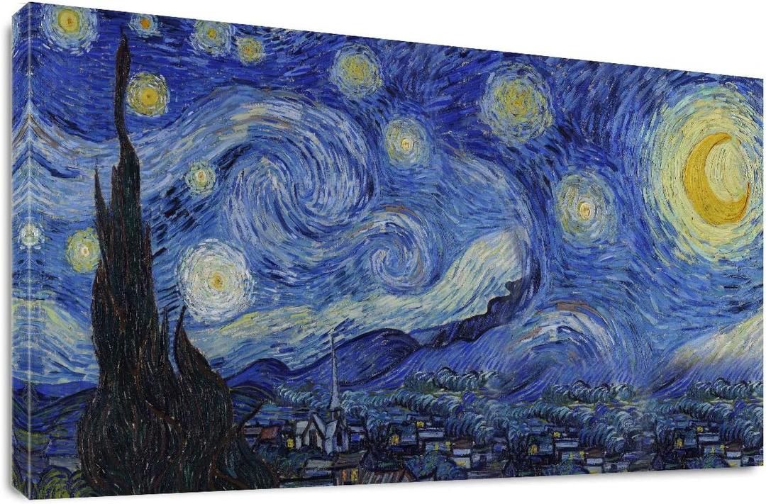 Starry Night by Vincent Van Gogh Classic Wall Art Reproduction Print On Canvas Framed for Home Decor 20" x 40"