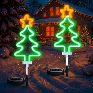 2 Pcs Solar Christmas Tree Garden Stake Lights Waterproof Christmas Tree Solar Landscape Path Lights for Outside Stakes Xmas Neon Yard Stakes for House