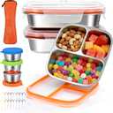 Qtencas 3 Pack Stainless Steel Snack Containers with Lid, Sauce Cups, Utensil Bag & Name Labels, Reusable 3 Compartment Snack Containers Metal Bento Box for Office Home Travel Gym