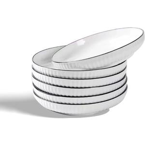 Ceramics Pasta Bowls, 6 Pack 8 inches 20 Oz Large Salad Serving Bowls, Shallow Salad Bowls,ceramics Deep Plates,Microwave Dishwasher Safe,White (vertical stripe)