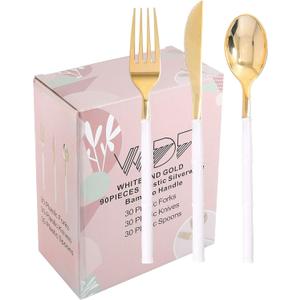 WDF 90Pieces Gold Plastic Silverware-Gold Plastic Cutlery with White Handle- Heavy Duty Thanksgiving Christmas Silverware Include 30Forks, 30 Spoons, 30 Knives for Parties (90 PCS)