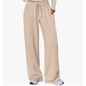 Trendy Queen Women's Wide Leg Drawstring Pants with Pockets (Large, Beige)