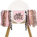 Girls Leopard Print High Chair Banner - Wild One High Chair Decors, Pink Jungle Party Cheetah ONE Year Birthday Decorations, Girls First Year Animal Banners