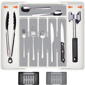 GORILLA GRIP Expandable Rubber Lined Silverware Organizer for Kitchen Drawers, Grip Feet to Stay in Place, Utensil Drawer Tray, Maximize Flatware Storage, BPA-Free Adjustable Cutlery Holder, White (15.3" x 13.5")