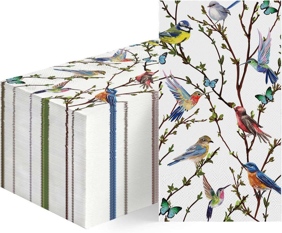 Horaldaily 100 Spring Summer Disposable Paper Decorative Guest Napkins, Watercolor Birds Branch Hand Towel for Party Lunch Dinner Kitchen Bathroom