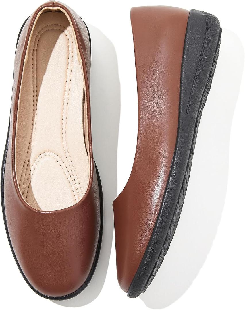 Women's Flats Comfortable Black Flats Shoes Women Round Toe Ballerina Flats Leather Dress Shoes Work Flats for Office(Brown, US 7)