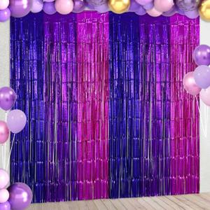 4 Pack Purple Pink Foil Fringe Curtains Streamers Backdrop for Music Themed Party Decorations, Girls Butterfly Birthday Party Decorations Supplies