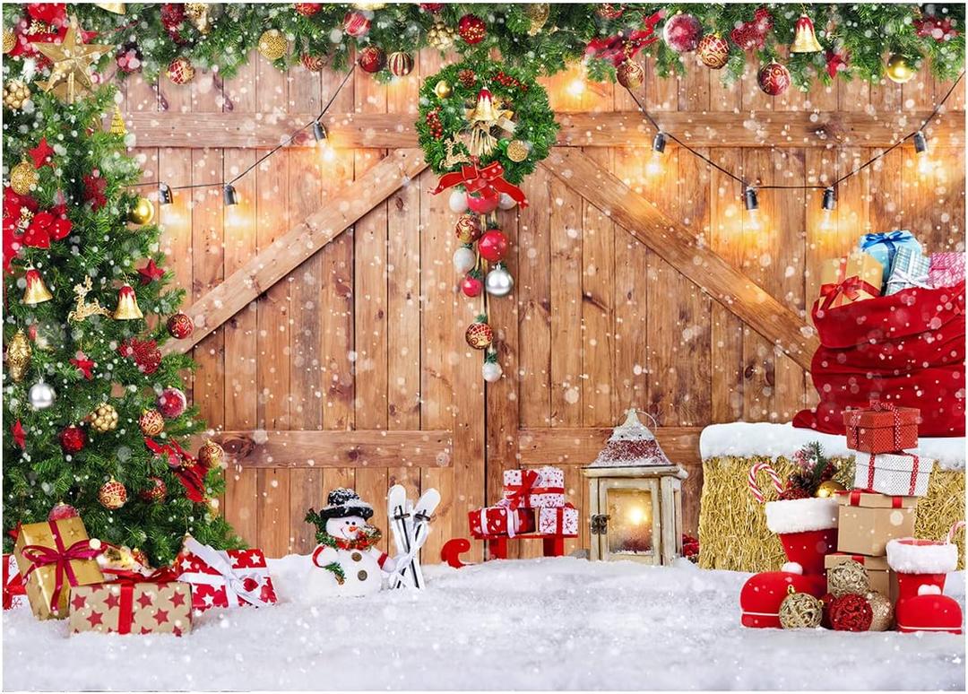 SJOLOON Rustic Christmas Barn Wood Door Backdrop for Photography Xmas Tree Snow Gift Wall Floor Party Photo Background Winter Holiday Family Supplies Banner Decoration Studio Props 12391 (8x6FT)