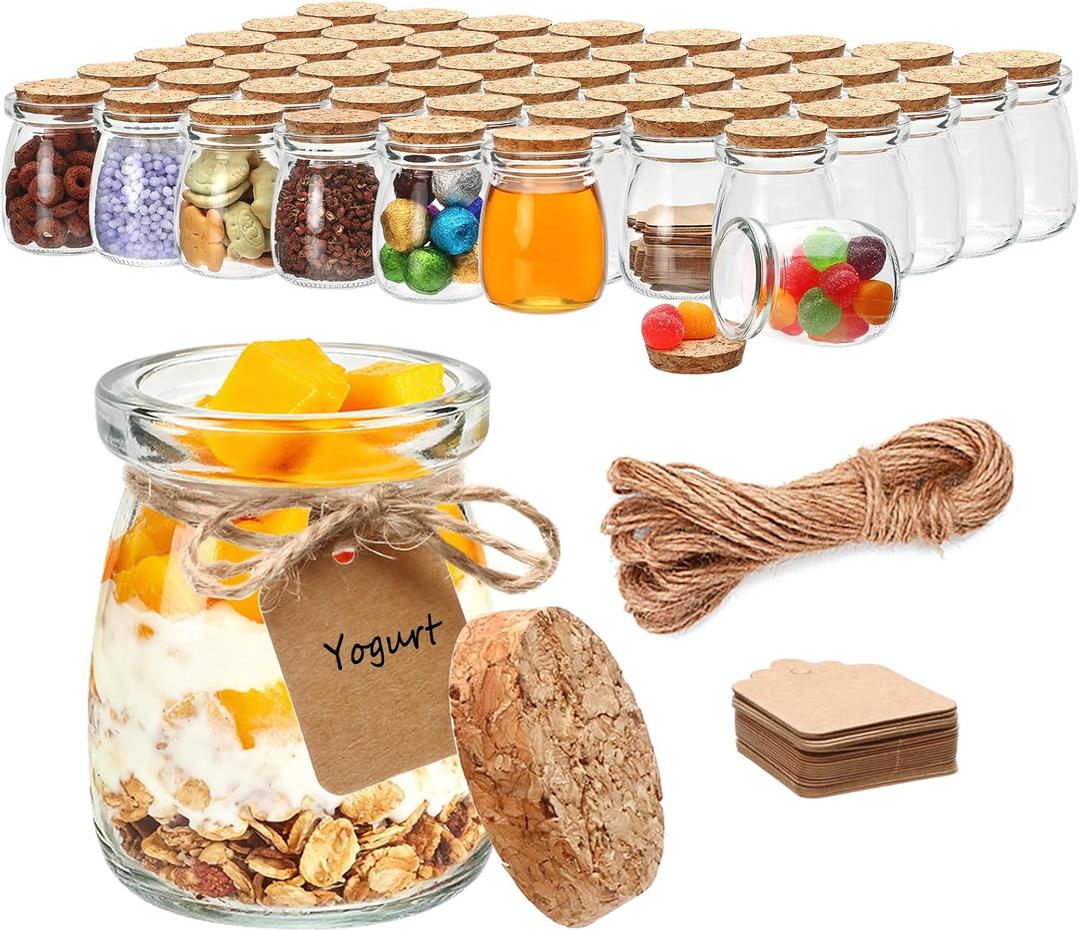 Brajttt 3.4 oz Small Glass Jar with Cork Lids,48 pcs Mini Glass Bottles,Spell Jars with Twine and Labels,Pudding Yogurt Jar for DIY Crafts,Wedding,Gifts,Party Favors,Baby Shower, Approx. 2.2" Diameter x 2.68" Height
