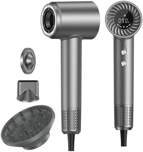 Hair Dryer, 150000 RPM Brushless Motor with 500M Negative Ions, Fast-Dry Lightweight Design, ThermoControl & Magnetic Nozzle/Diffuser, Low Noise Salon Blow Dryer for All Hair, Travel, Home