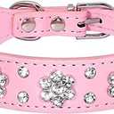 Serijoars Rhinestone Dog Collar, Cute Flower Rhinestone Bling Collar PU Leather Adjustable Sizes XS Small Medium (2FT, Pink)