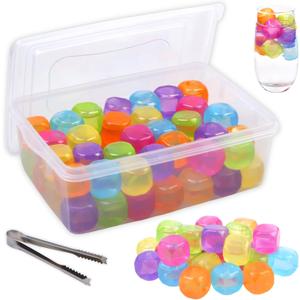 Reusable Ice Cube with Lid & Bin, 60 Pack Plastic Ice Cubes for Drinks BPA Free, Colorful Refreezable Square Ice Cubes for Water Bottles, Whiskey, Vodka, Coffee, Beer or Wine, Non-Diluting