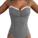 Herseas Womens Striped One Piece Swimsuits Tie Shoulder High Cut Tummy Control Bathing Suit 2026 Summer Beach Swimwear (Gray, M)
