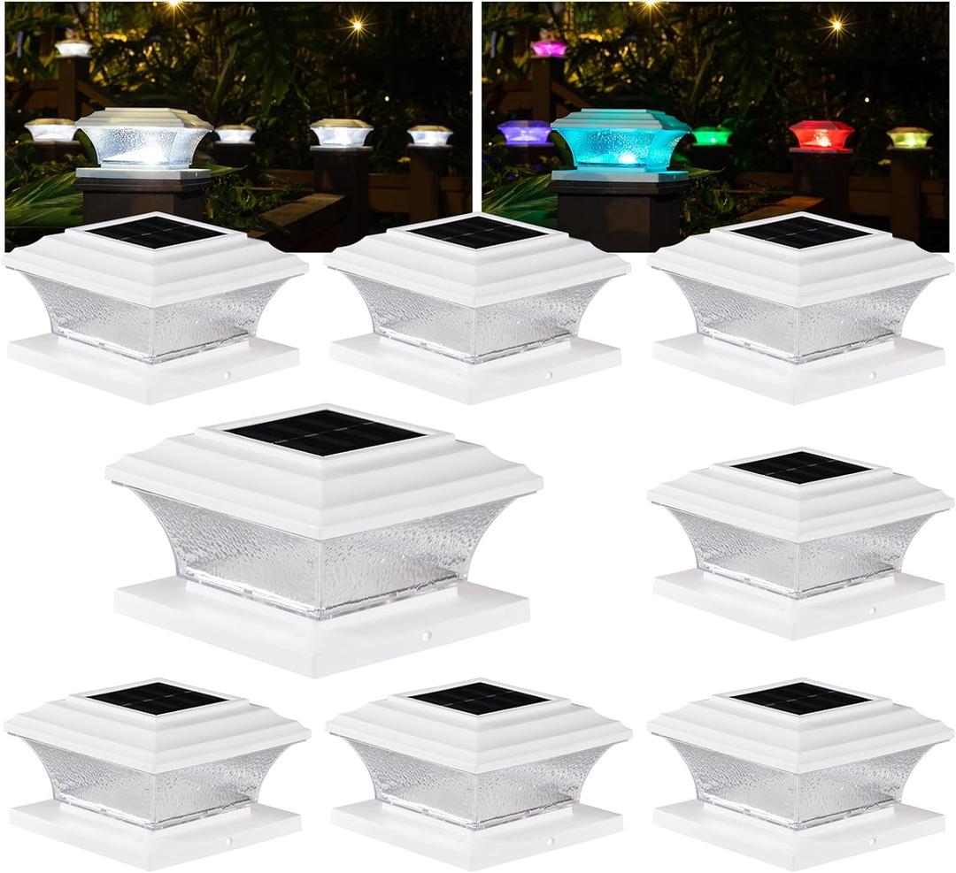 HUYIENO Solar Post Cap Lights Outdoor LED Lighting Deck Fence Cap Light 9 Light Modes Bright White/7 Color Fixed Modes/7 Color Cycling Mode Suitable for 4x4 5x5 Wooden Posts 4x4 5x5 Vinyl Posts (8pk)