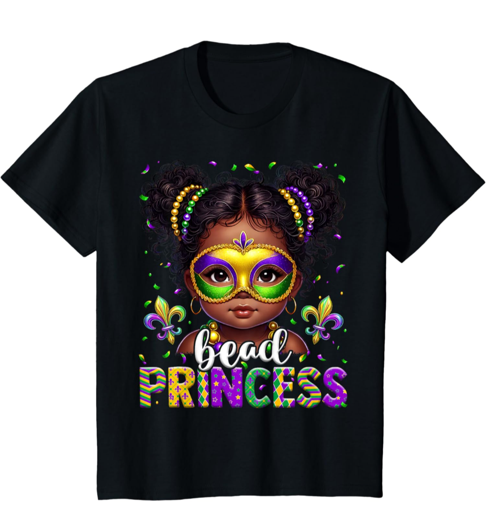 Mardi Gras Bead Princess Masked Bead Cute Black Girl Kid T-Shirt 3T