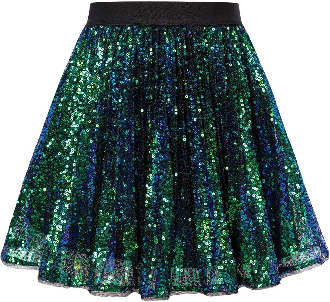 GRACE KARIN Girls Sequin Skirt Elastic Waist Sparkle Pleated Skirt for Party  (12 Years, Green)