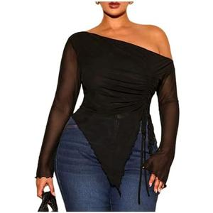 SOLY HUX Women's Plus Size Mesh T Shirt Off The Shoulder Long Sleeve Sheer Tee Ruched Drawstring Asymmetrical Hem Tops L