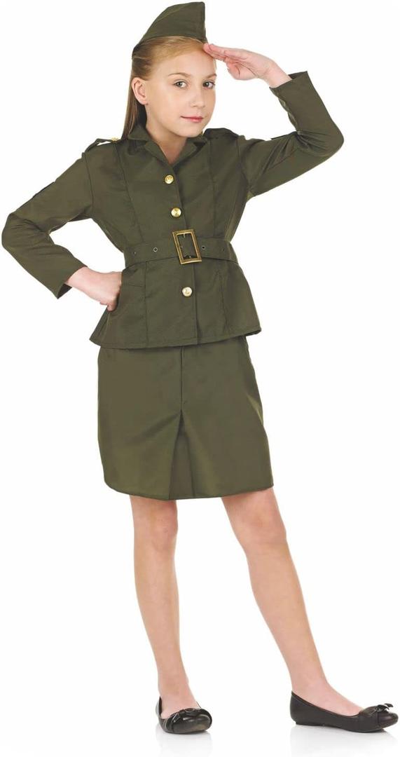 fun shack WW2 Army Girl Costume for Kids, Army Girls Halloween Outfit, Military Dress Up for Girls (X-Large)