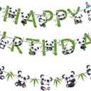 Zwiebeco Pandas Happy Birthday Party Decoration Green Black White Bamboo Leaves Sign Banner Hanging Paper Garland Bunting for Babys Kids Themed Accessories Supplies