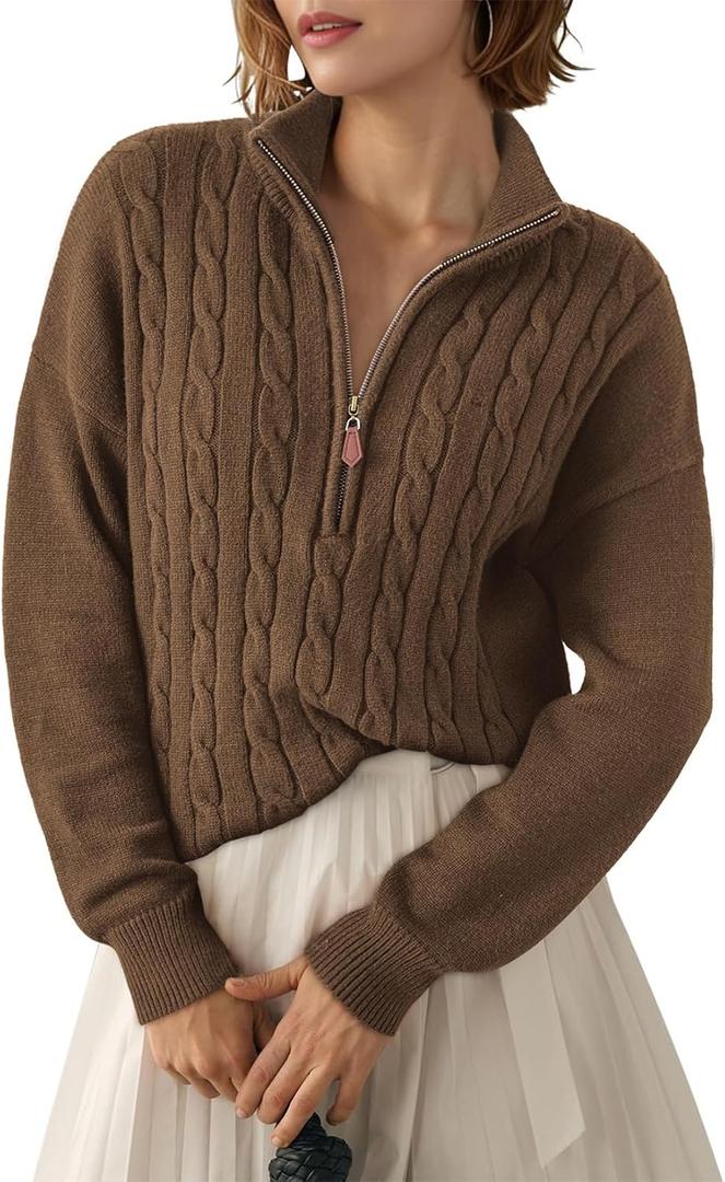 Dokotoo Women's Sweaters 2025 Fall Winter Quarter Zip Casual Ribbed Cable Knit Pullover (M, Desert Palm)